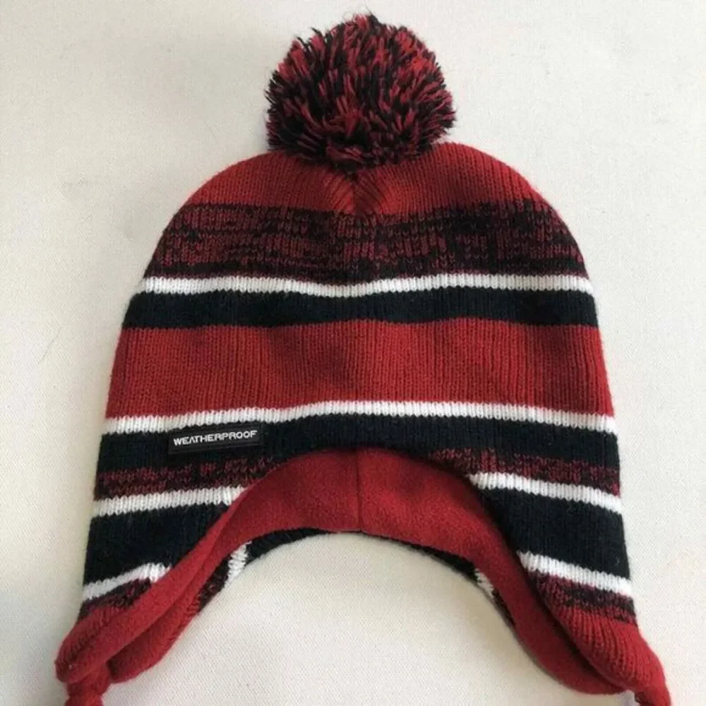 Weatherproof Kids Red Black Striped Earflap‎ Beanie Pom Pom Hat Size 4/7 AC002